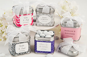 Bridal Shower/Wedding Favor Candy Tins with Pre-Tied Organza Bow and Personalized Label